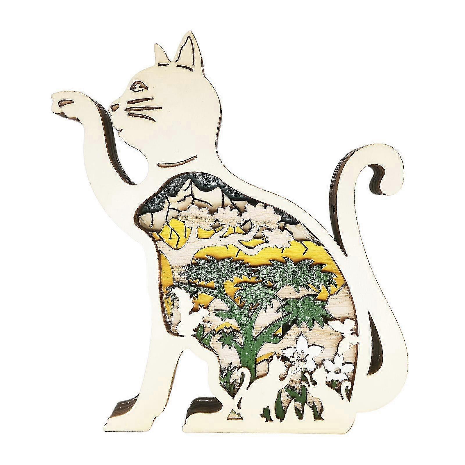 2023 New Decorative Wooden Kitten Figurine and Home Decor, Multi-Layer Kitten Silhouette and Sculpture for Shelves, Tables, and Desks