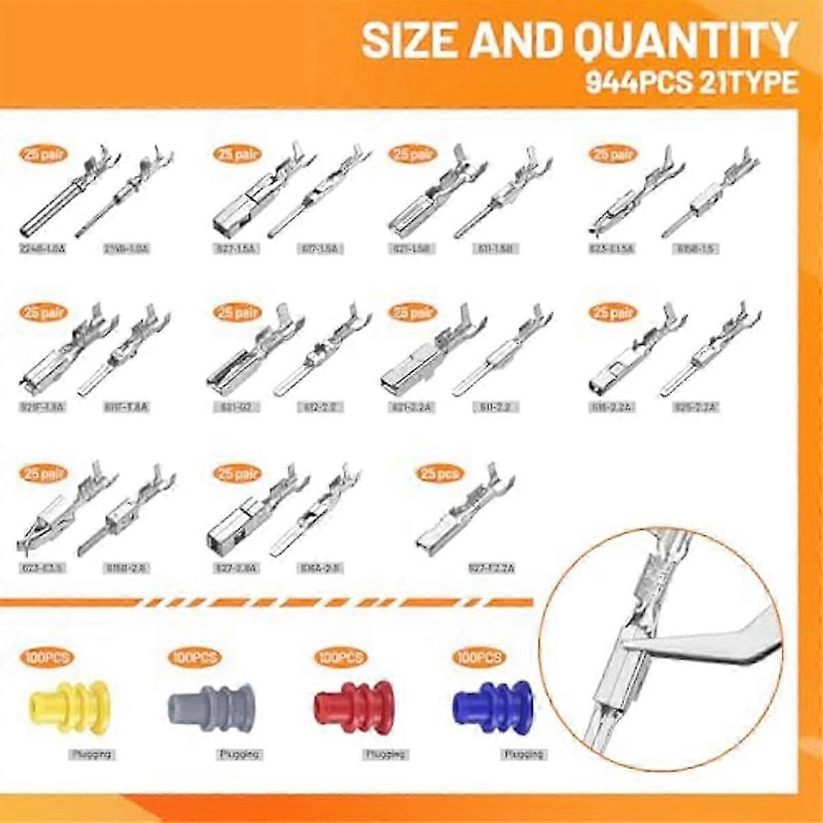 2025 944 Pcs Kit de conector de pinos, Conectores de fio elétrico do carro Pinos de terminal
