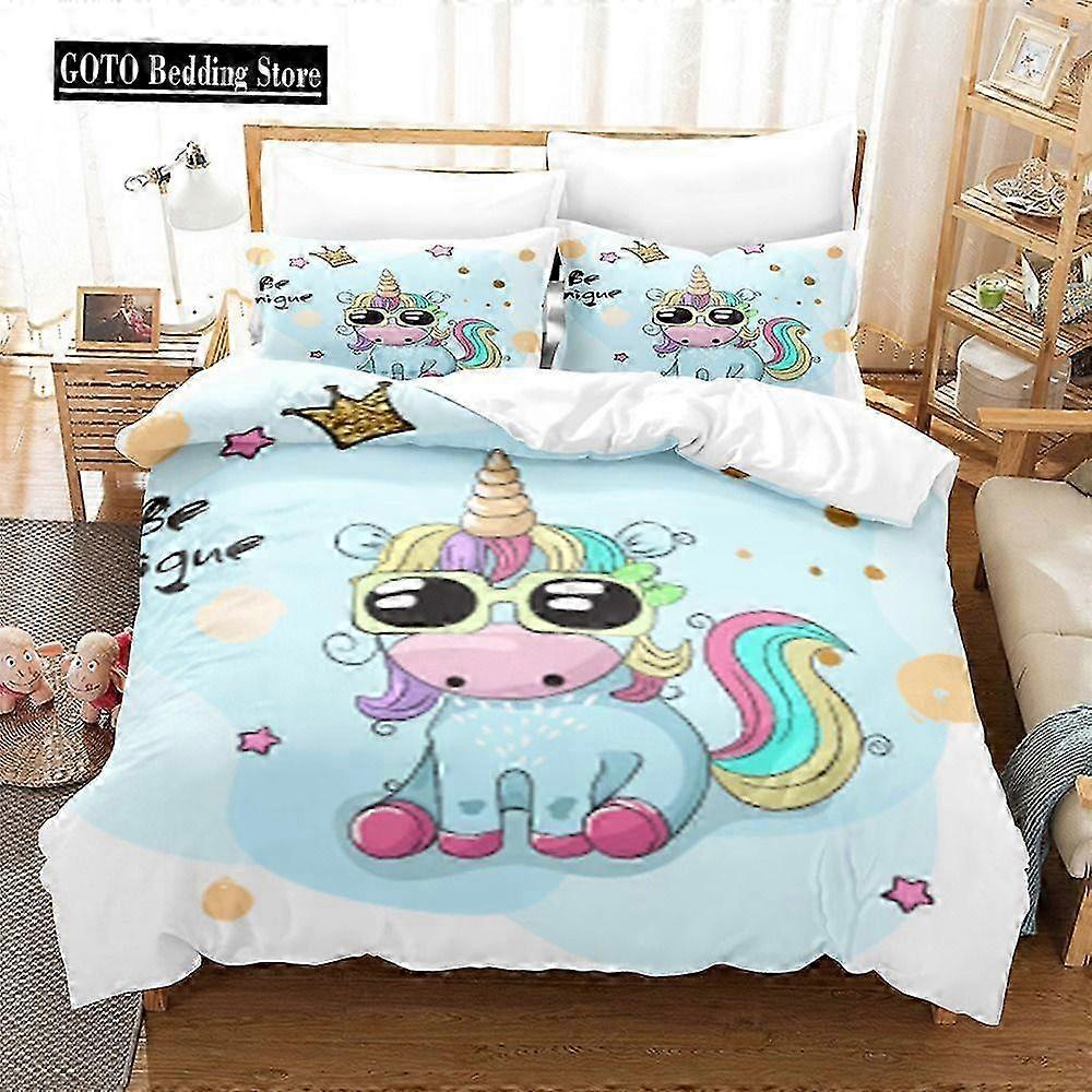 Set de husă de pilotă cu unicorn curcubeu imprimat pentru fete, set de cuvertură de pat roz, design de desene animate drăguț, decor dormitor pentru copii adolescenți, 3 piese B