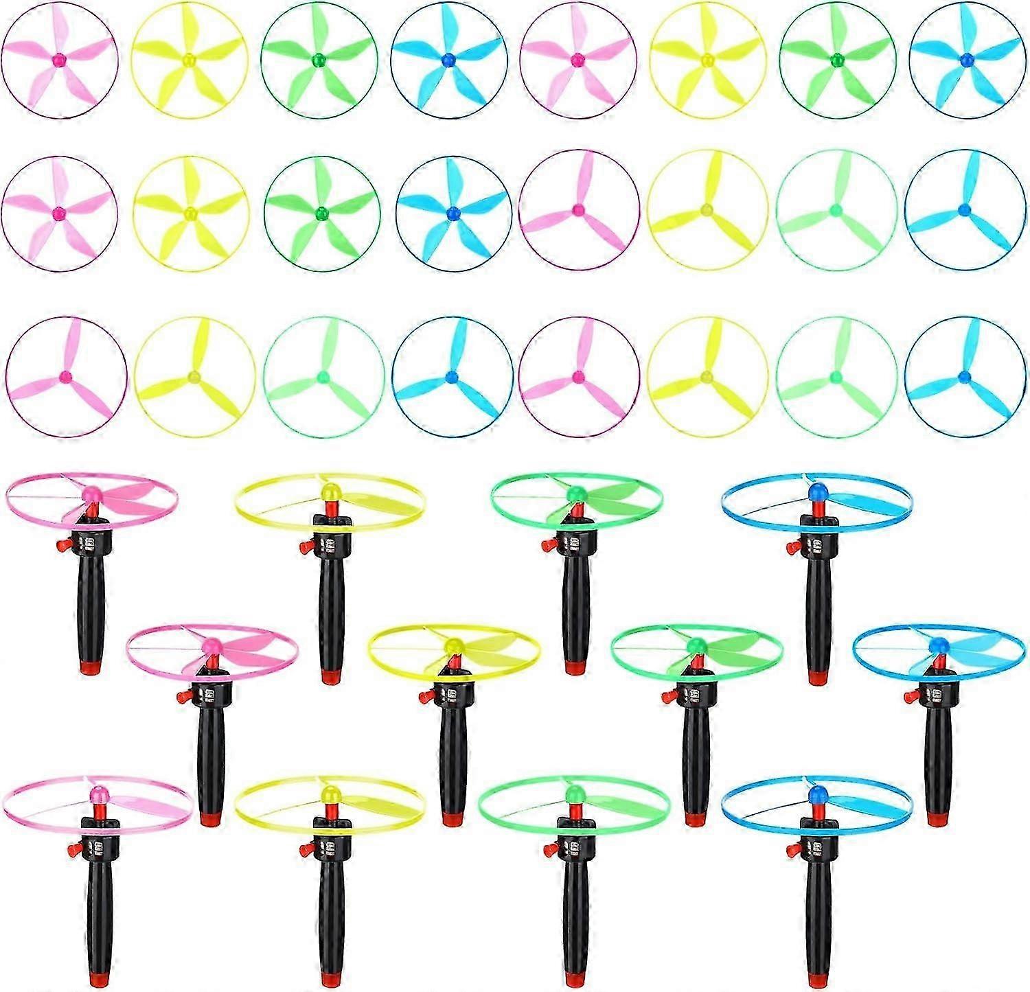 12 Pcs Flying Saucer Flying Disc Toy Helicopter Toy Disco Flyers Include 4 String Launchers and 8 Fl