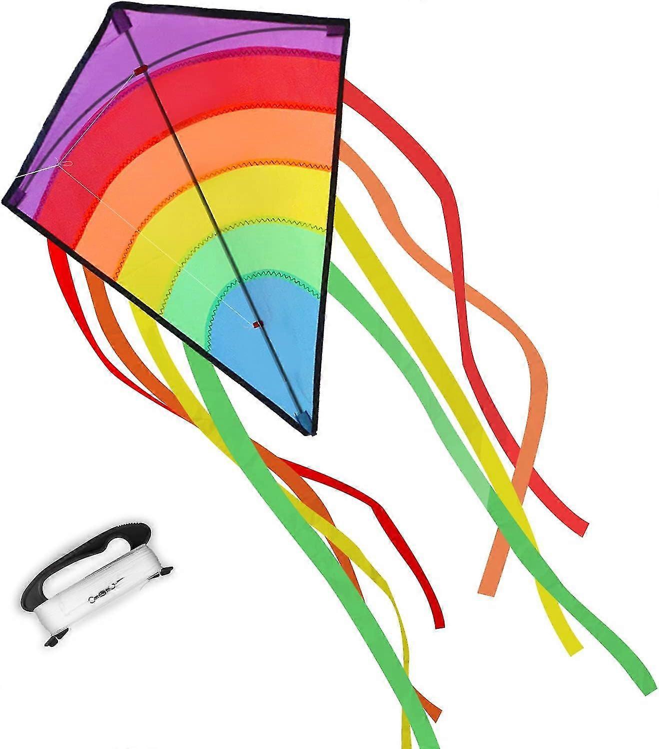 Large Rainbow Diamond Kite for Kids and Adults, Simple to Fly with 8 Long Tails and 100M String Gift for Family