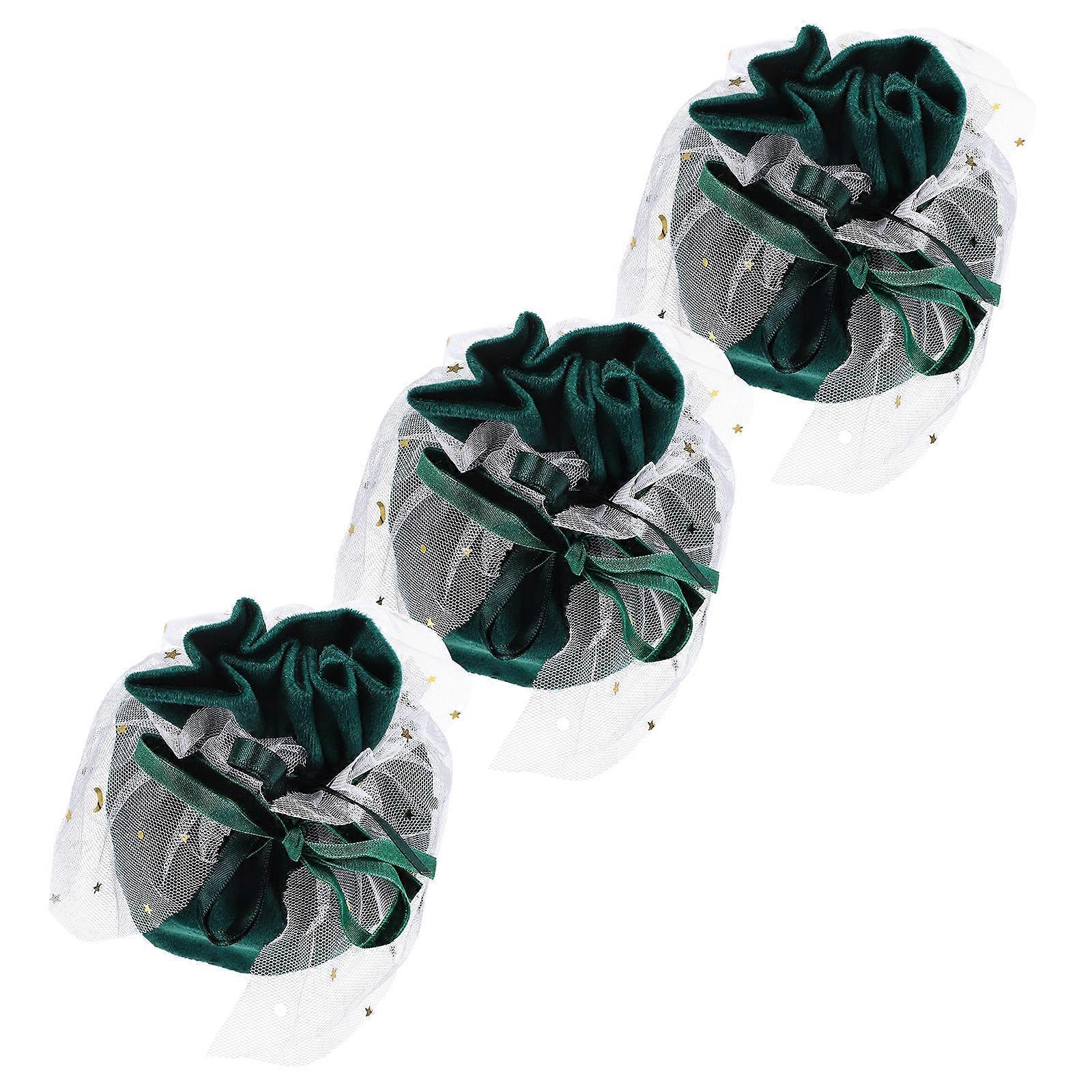 3pcs Dark Green Plush Jewelry Drawstring Bags for Weddings, Candy, Accessories – Mesh Design with Easy Open/Close for Convenient Storage &