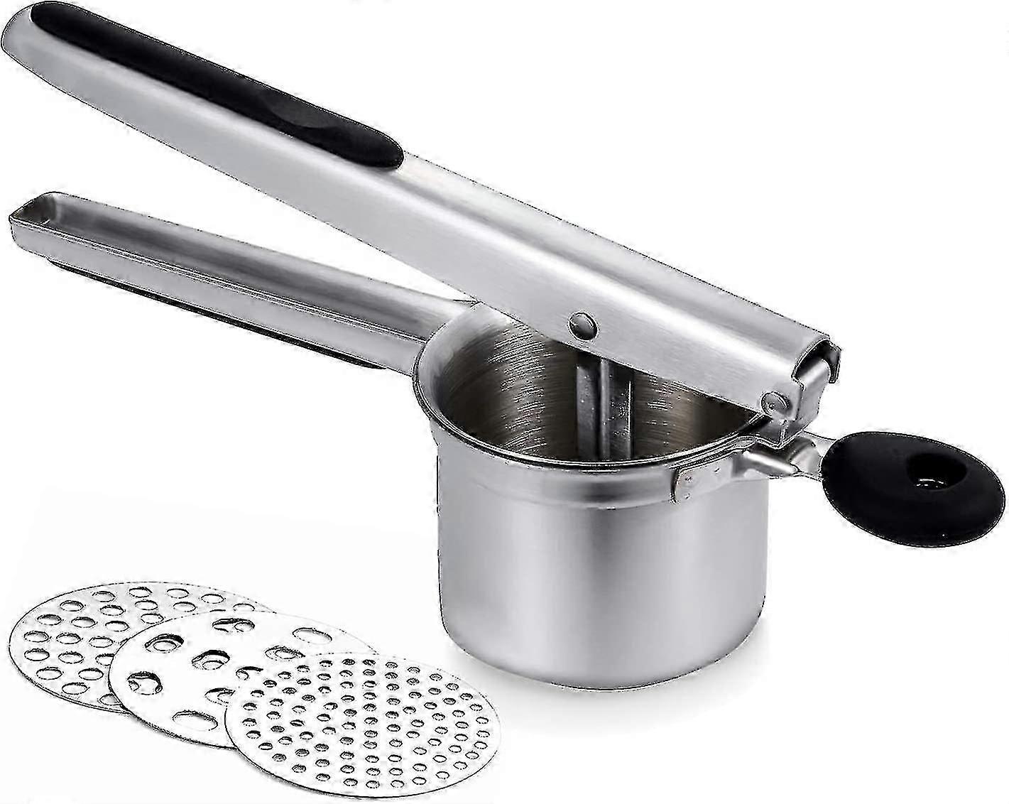 Stainless Steel Potato Crusher & Vegetable Chopper with 3 Interchangeable Discs - Manual Large Capacity 29.5x9x11.5cm Tool