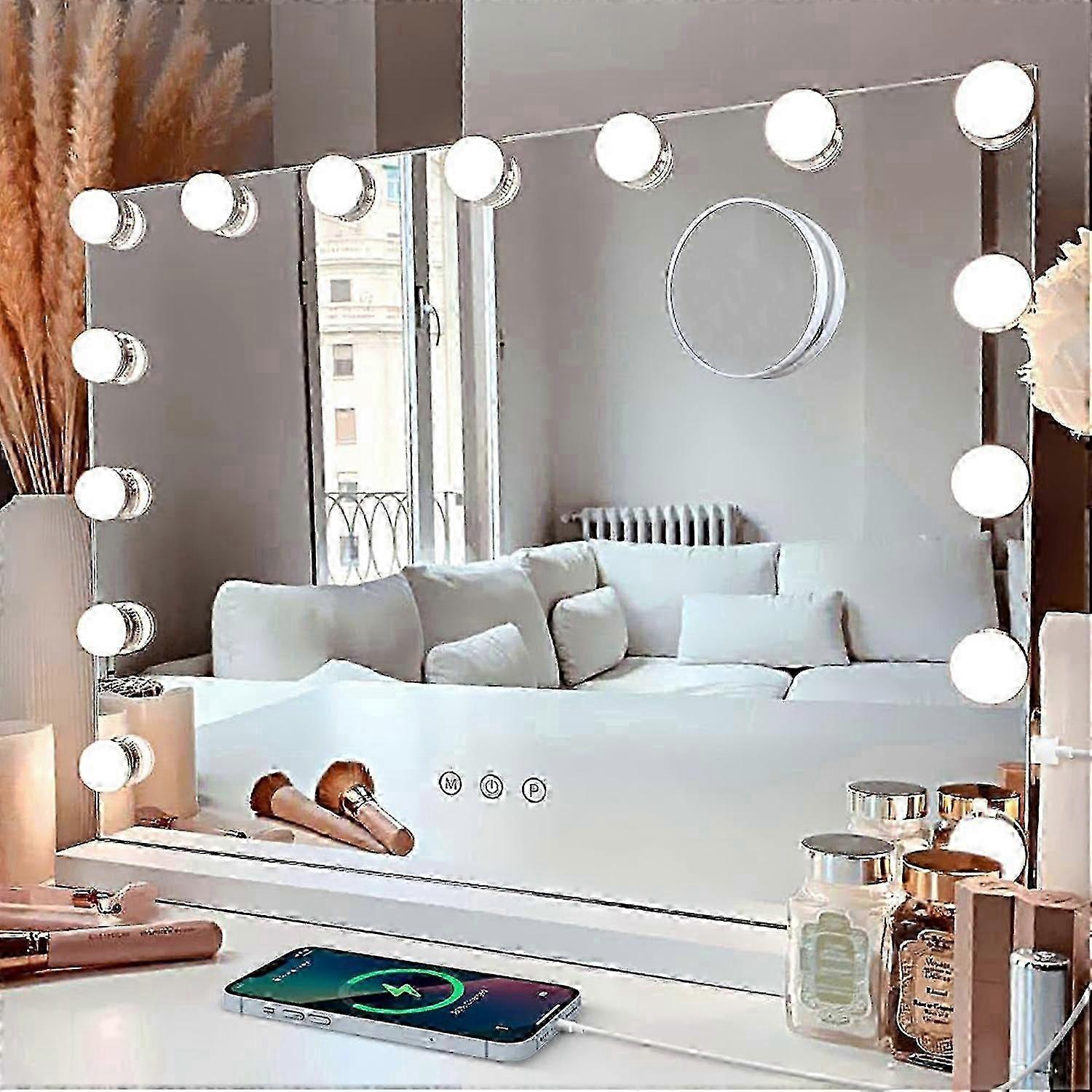 ZENGO Hollywood Lighted Mirror with Dimmable LED Bulbs, 3 Colors Modes, Touch Control, USB Charging Port (