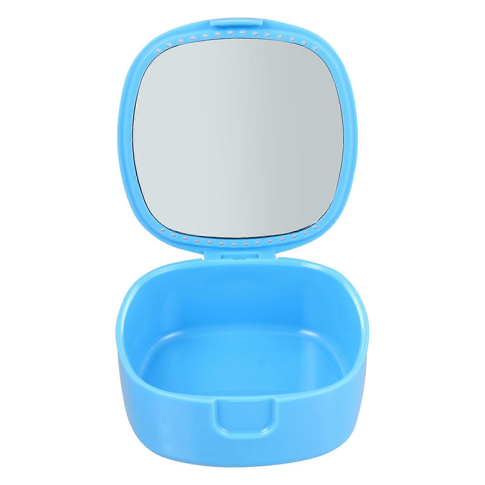 Blue Plastic Storage Box with Built-in Mirror for Mouth Guard Retainer and Denture Suitable for