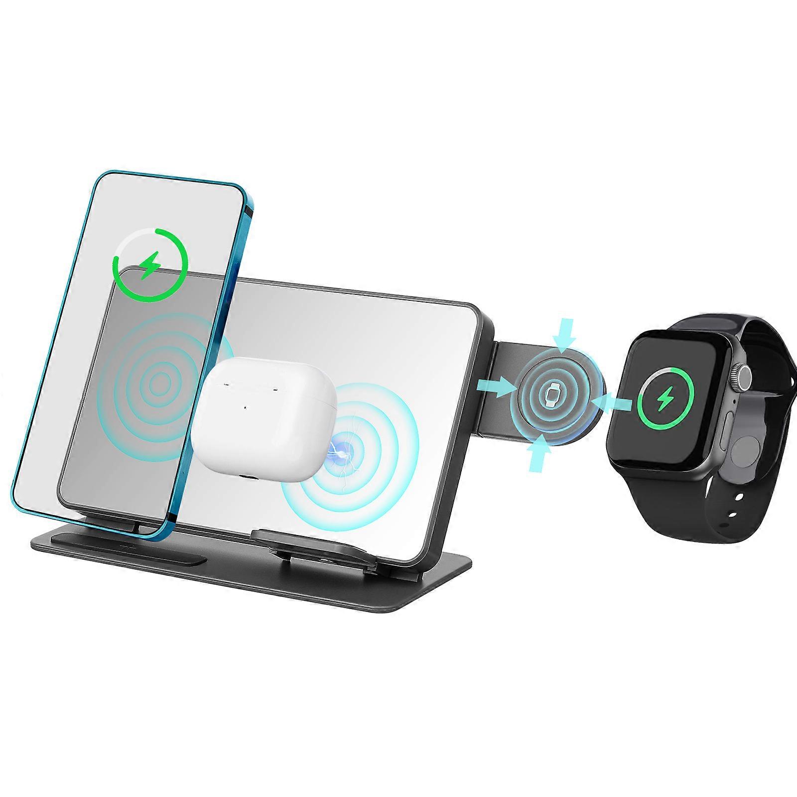 4 in 1 Wireless Charging Station with Digital Clock for Safe Fast Charging Compatible with Samsung Black ABS PC Silicone