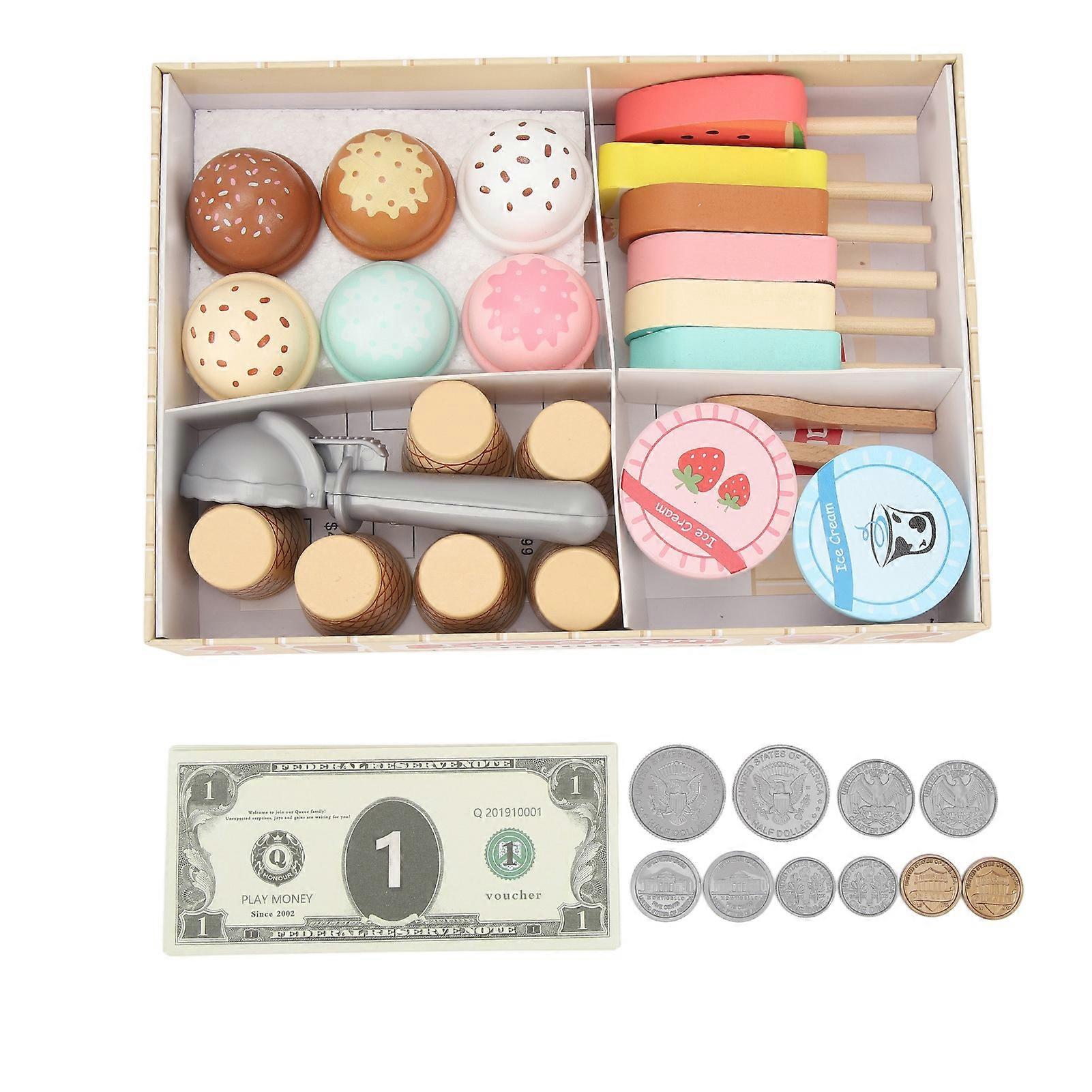Wooden Ice Cream Toys Ice Cream Counter Playset Educational Interactive Role Play Toys Set for Kids