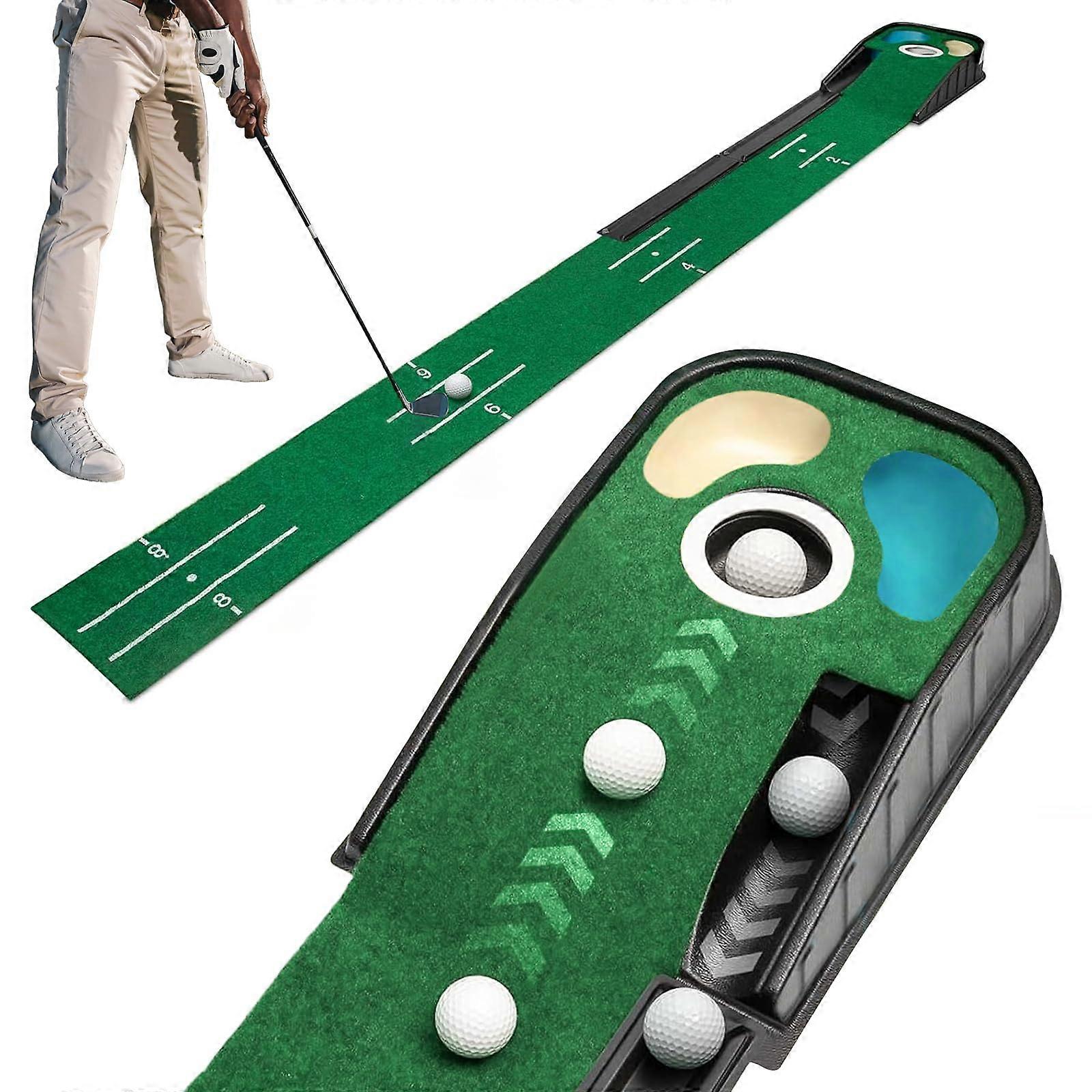 Green putting mat for indoor use with automatic ball and 3 holes
