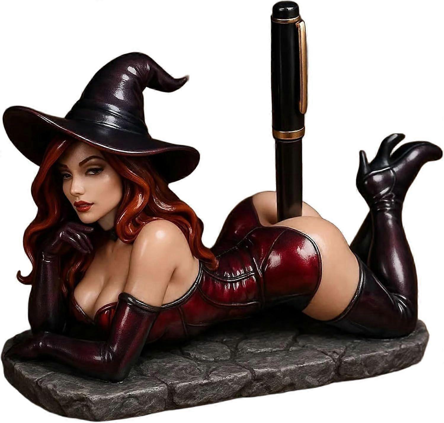 Funny Witch Pen Holder, Witch Bookshelf Figurine with Pen Holder, Witch Statue Pens Holders for Halloween Home Office Desk Decoration, Funny Desk Orga