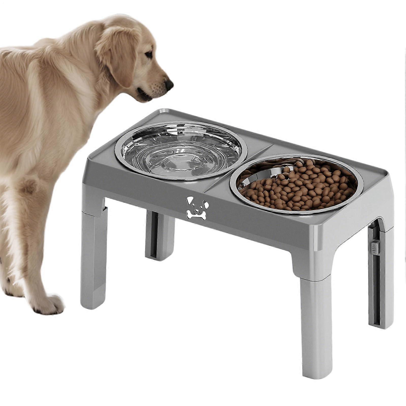 Dog Feeding Station With Stainless Steel Bowls On Stand 5 Height Adjustable Large Medium Small Dogs Cats Puppies Gray