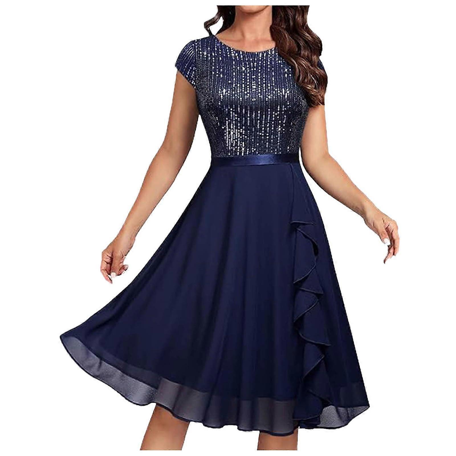 Chiffon Dress Women's Large Sizes Short Sleeve Bridal Lace Midi Length A-Line Breathable Dark Blue