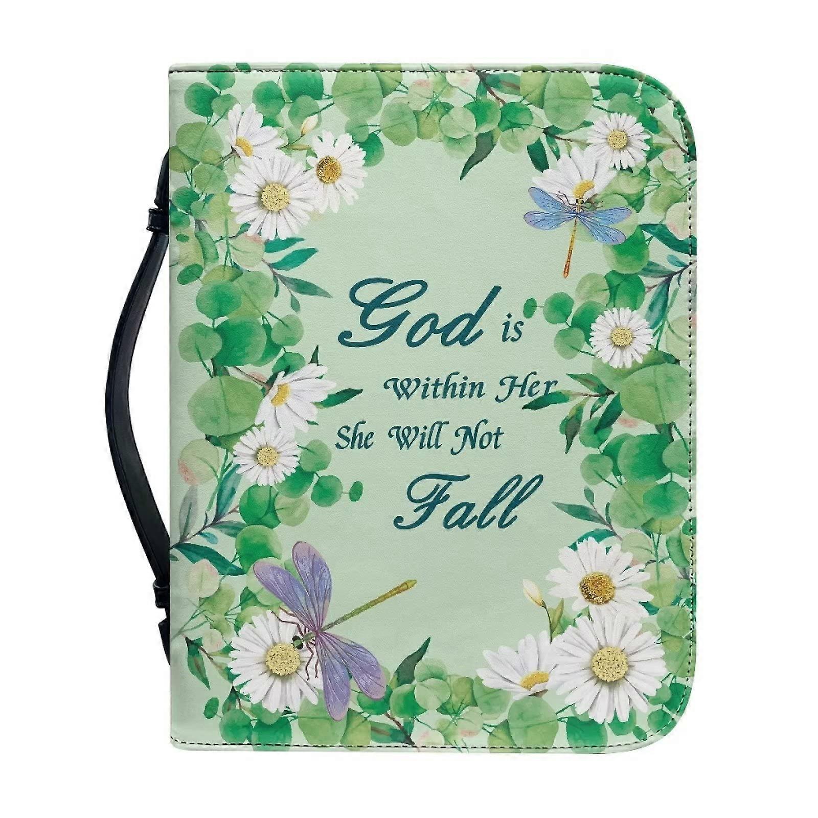 Daisy Flower Dragonfly Green Book Case Blossom Floral Bible Protective Case Leather Book Carry Bag for Women M