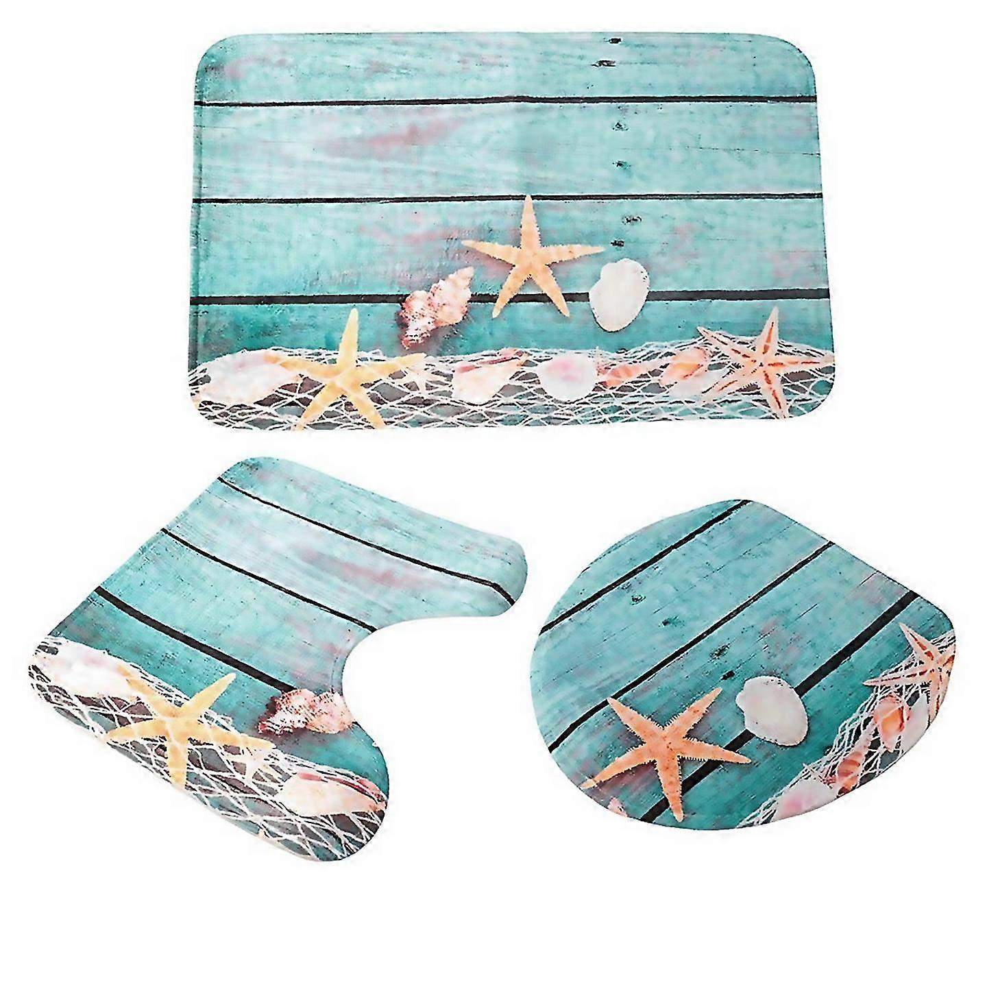 For Beach Seashells Starfish Sand Bath Mat Bathroom Carpet 3 Piece
