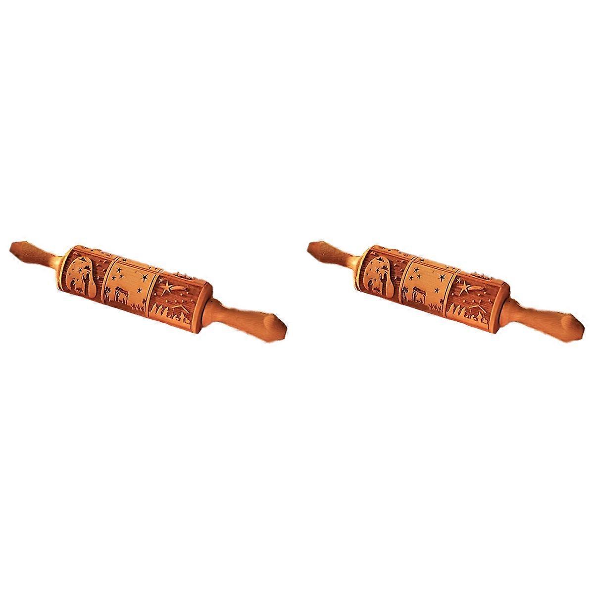 2X Nativity Pattern Xmas Christmas Wooden Embossing Rolling Pin with 9 Different Scene for Baking Em