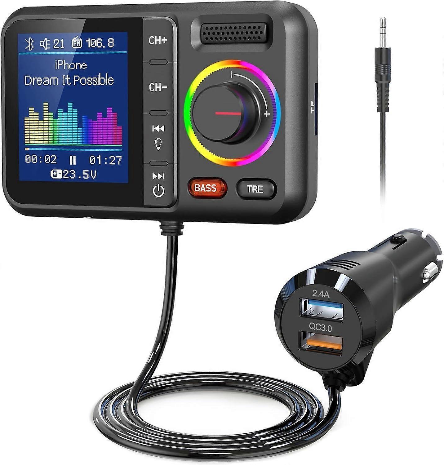 Bluetooth FM Transmitter for Car, Wireless Car Bluetooth V5.0 Adapter with Screen, Hands-Free Call(Black)