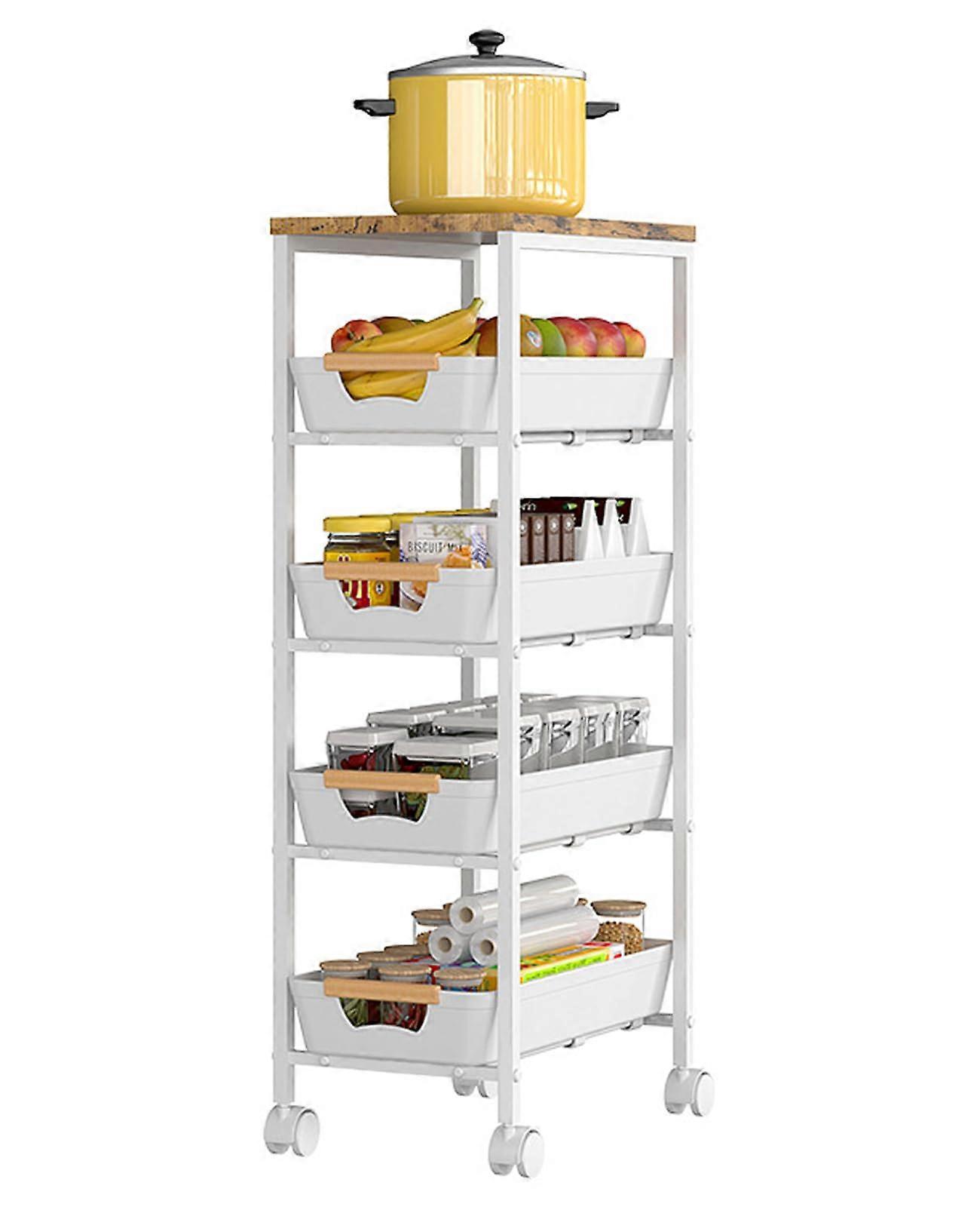 Rolling Storage Cart 5Tier Narrow Kitchen Cart With Wooden Metal Utility Cart PullOut Drawer White Shelving Unit