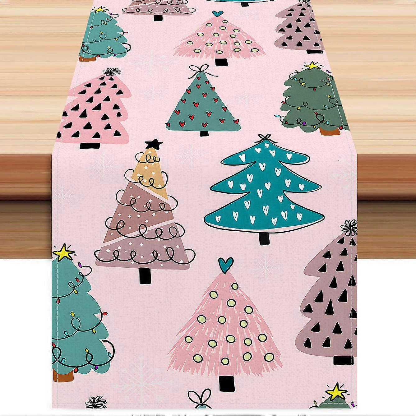 Pink Christmas Tree Print Table Runner, 35x90cm Linen Christmas Tablecloth for Party Decoration