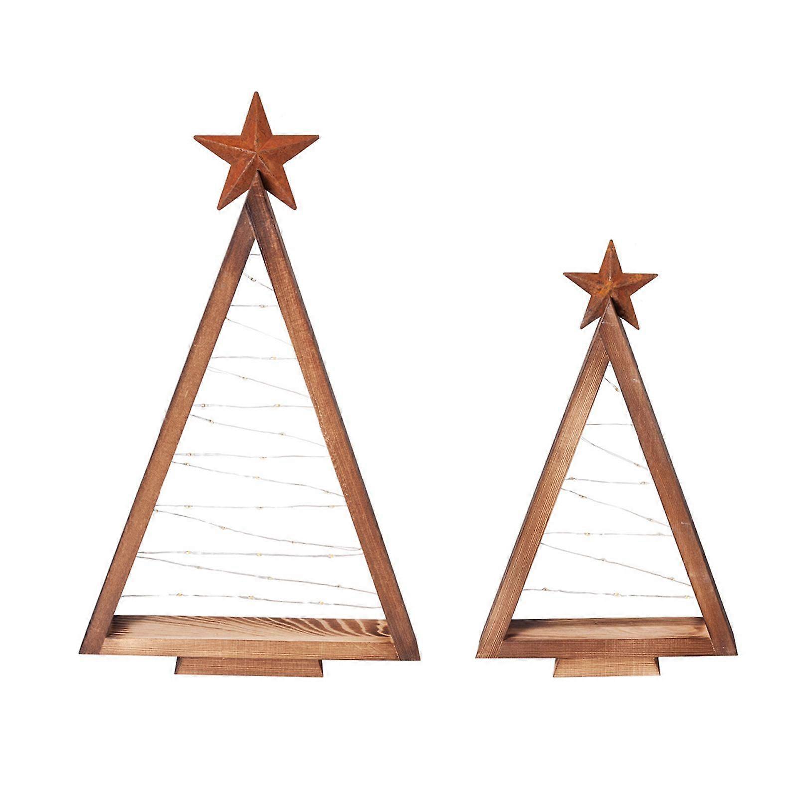Jikaixiang 2Pcs Wooden Christmas Tree Ornament with LED Light Farmhouse Rustic Glowing Xmas Tree Table Sign Home Office Desktop Triangle Decoration