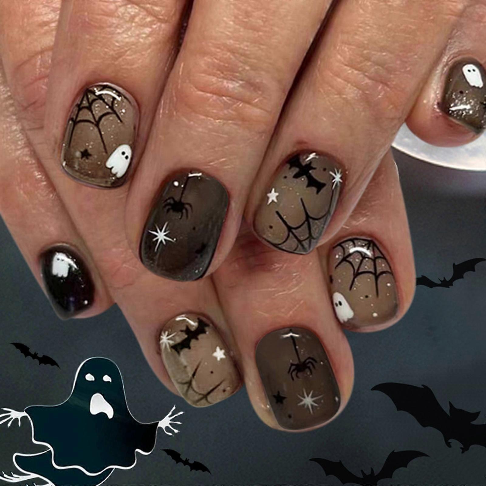Halloween Faux Nails 24PCS Dark Cobweb Glittering Ghosty And Skeletons Easy Application For Parties Multicolor