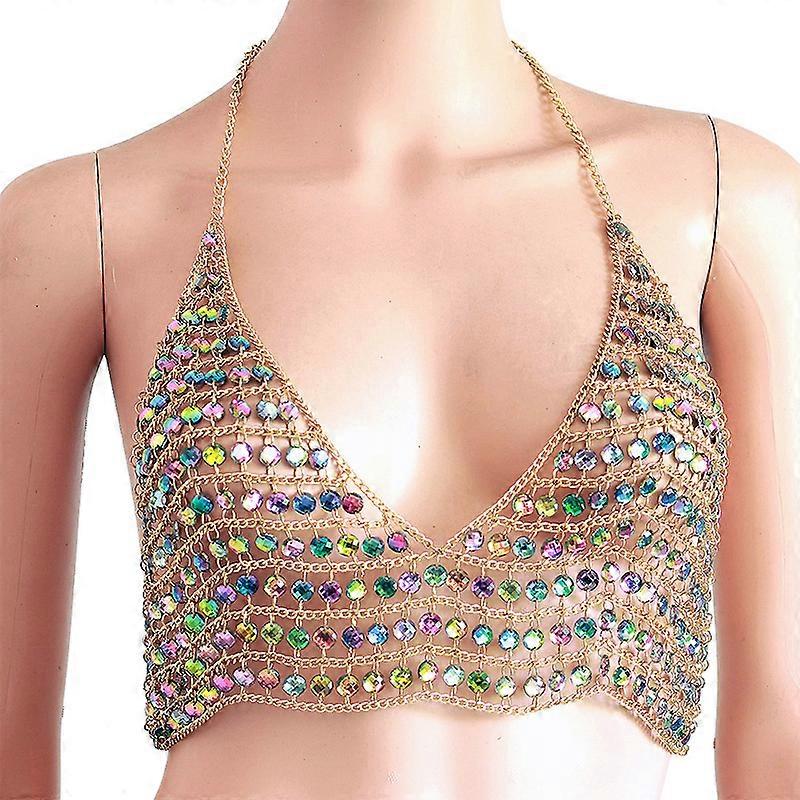 Carnival Beads Body Chain Jewelry Multi-layer Mesh Gold Chain Bra for Women Dance Costume