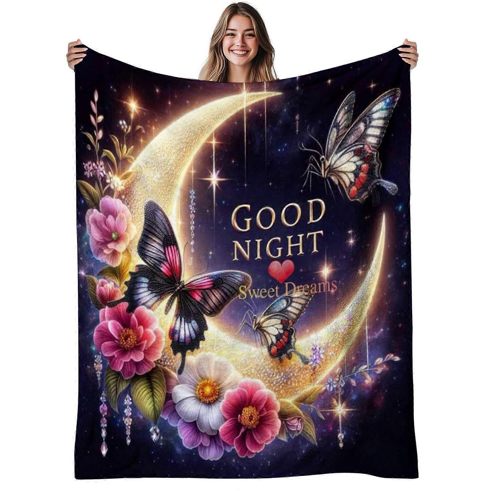 1pc Moon and Butterfly Flannel Blanket | Soft, Warm, Floral Fantasy Design, Polyester, 280gsm, All-Season Use, Ideal for-mnbvc153