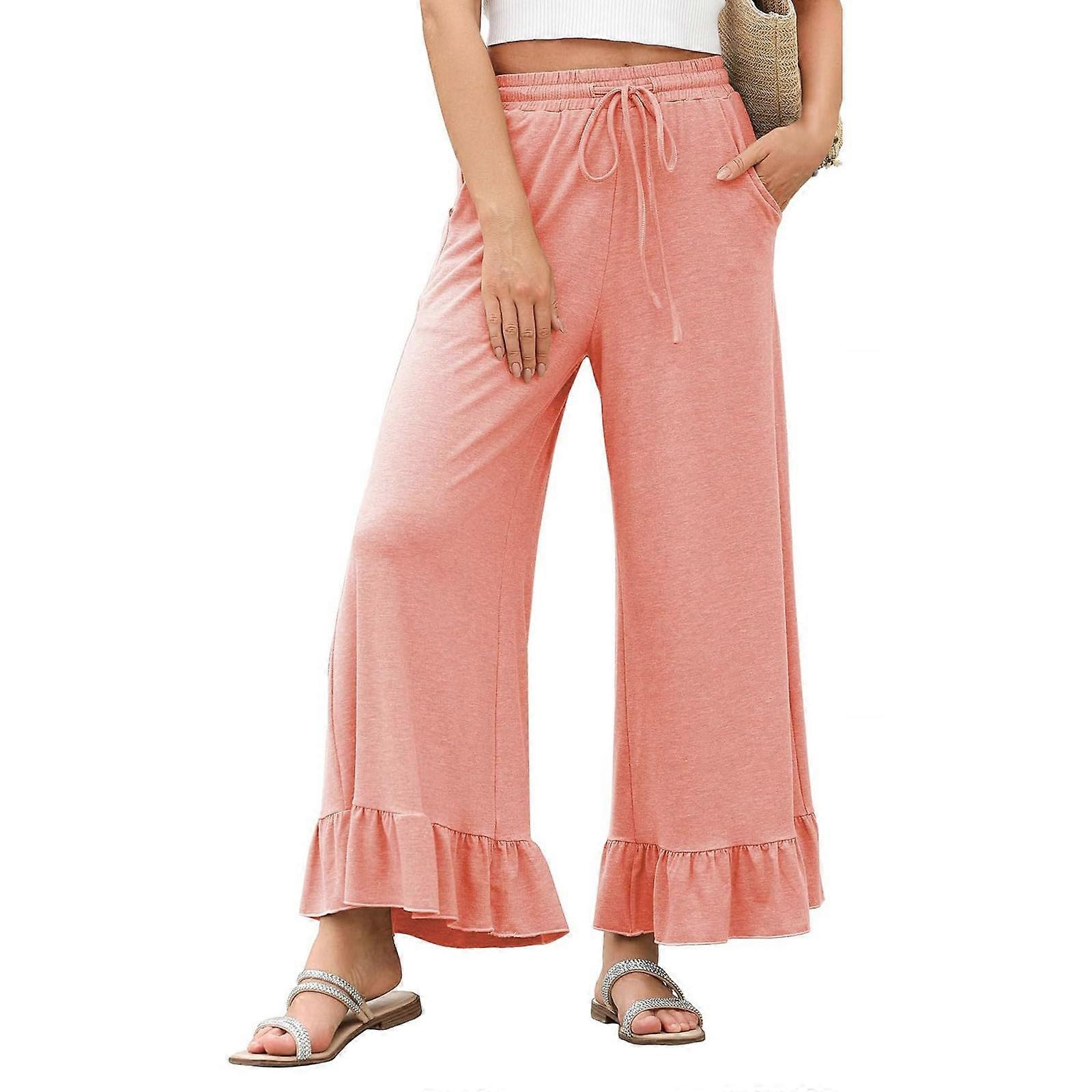 Women's wide-leg pants, drawstring elastic high-waisted, ruffled hem, with pockets.  Pink XL