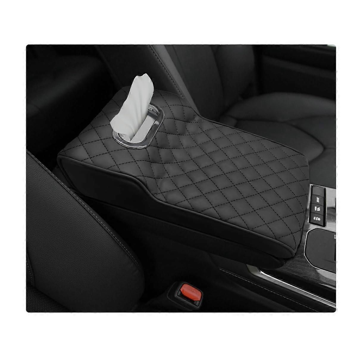 Car Armrest Cushion Leather with Builtin Tissue Holder, Waterproof Universal Center Console Pad