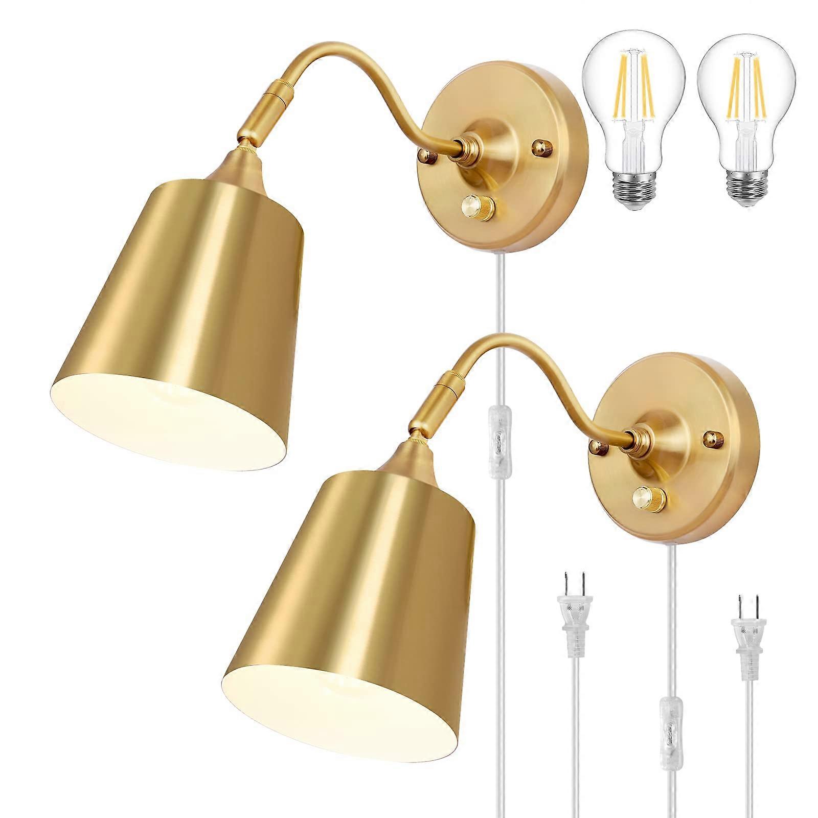 Wall Sconce Plug In with Dimmer, Adjustable Gold LED Wall Light for Bedroom, 2 Pack with Bulbs