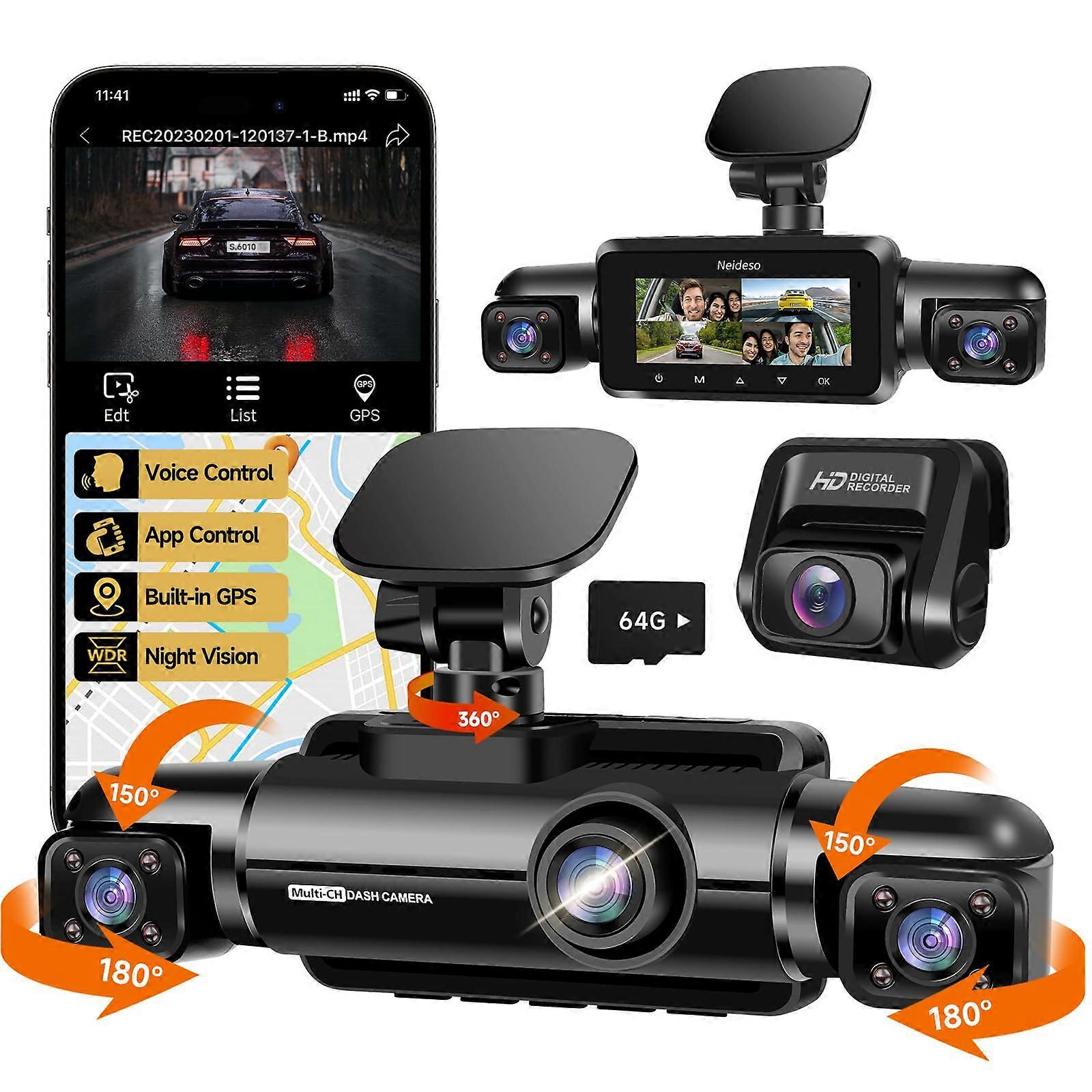 4 Channel 360 Degree Dash Cam with GPS WiFi, Front 2K and Rear 1080P, Night Vision, 64GB SD Card