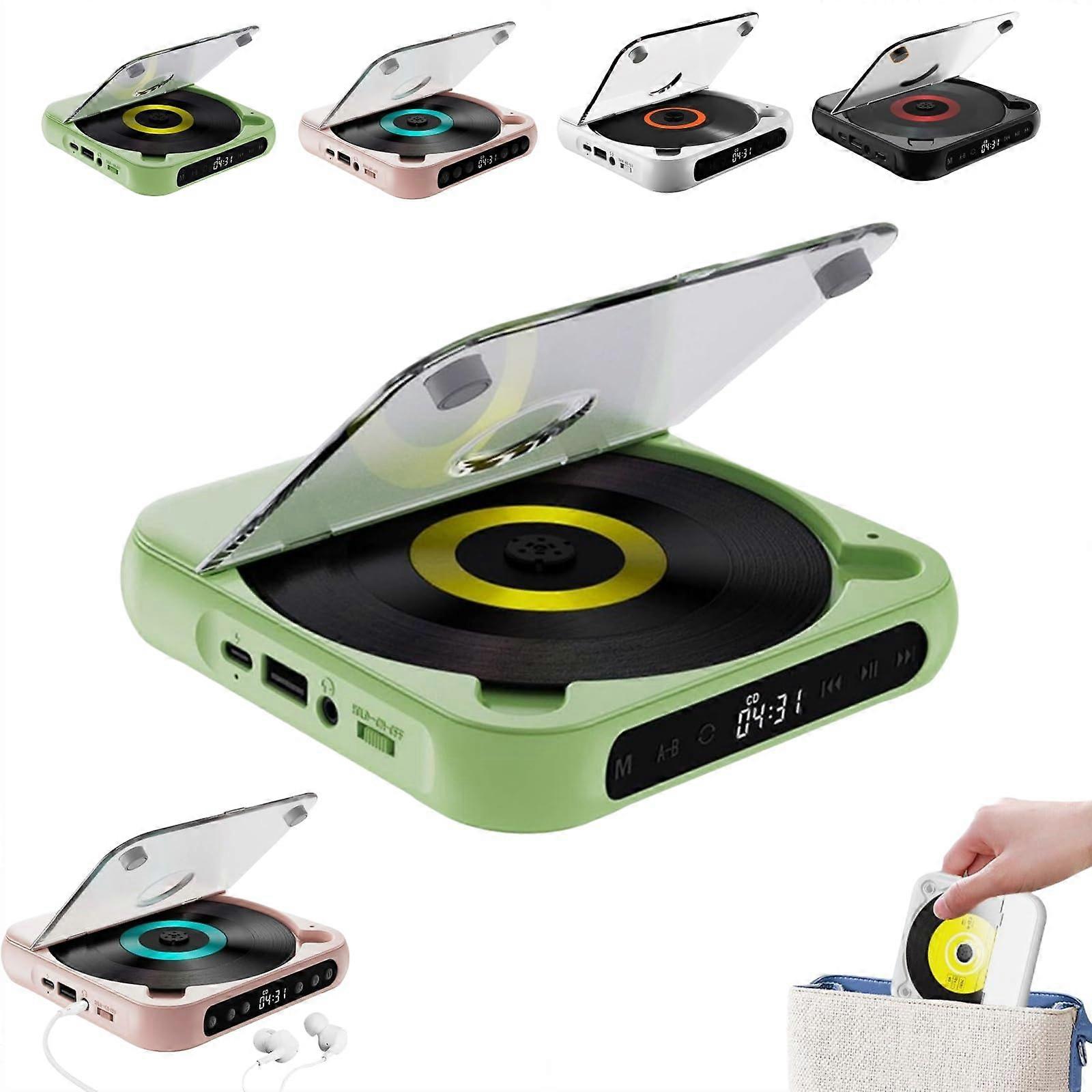 Portable BluetoothCompatible CD Player TravelSize Green HiFi Sound, Wireless And Wired Playback, Rechargeable Battery