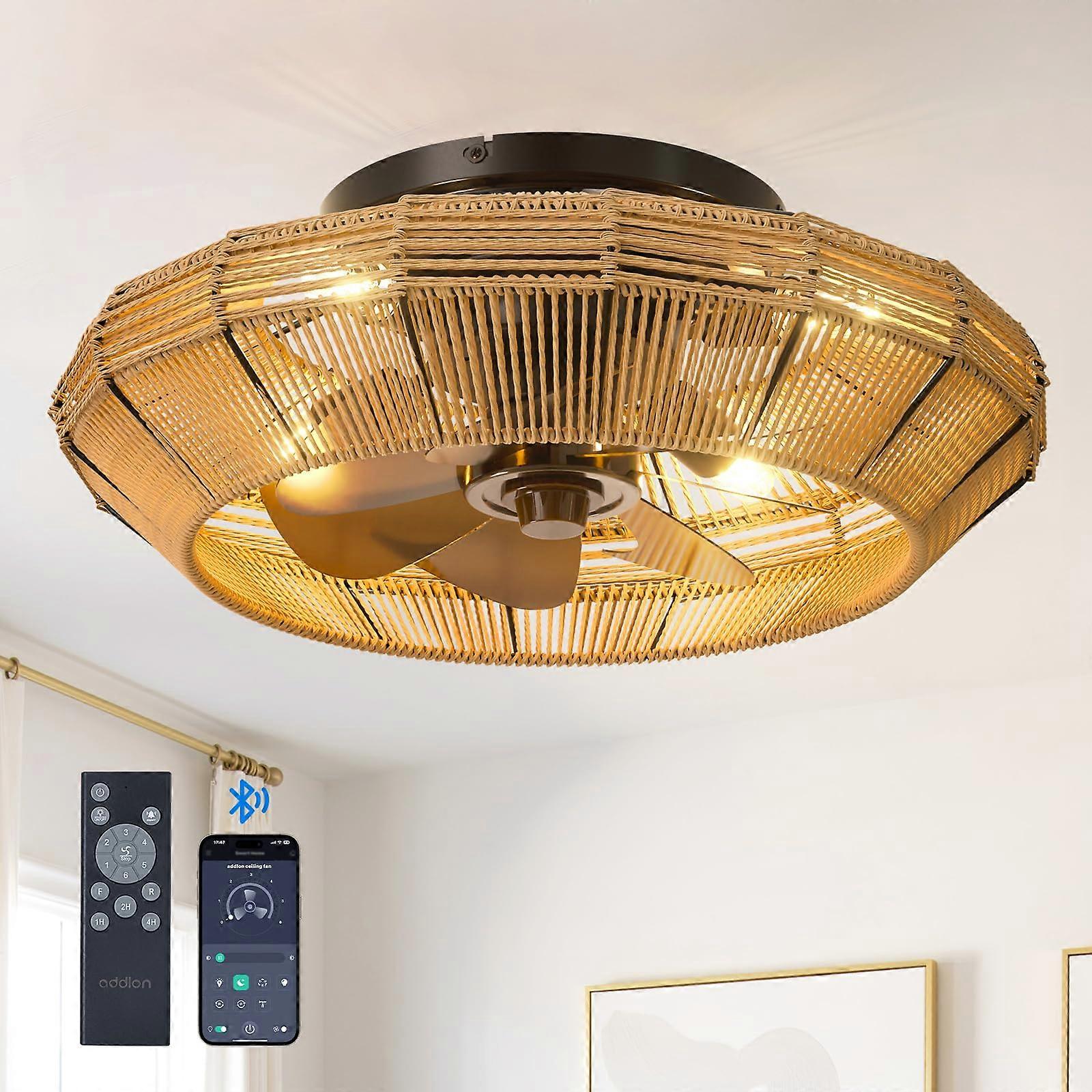 Boho Ceiling Fan with Light and Remote, 20in Flush Mount Bladeless Caged Design, 6Speed Reversible