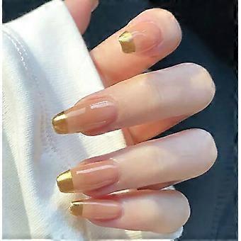 Nude Pink Coffin Press On Nails with Elegant Gold Accents, Full Cover Acrylic Set of 24 Pieces