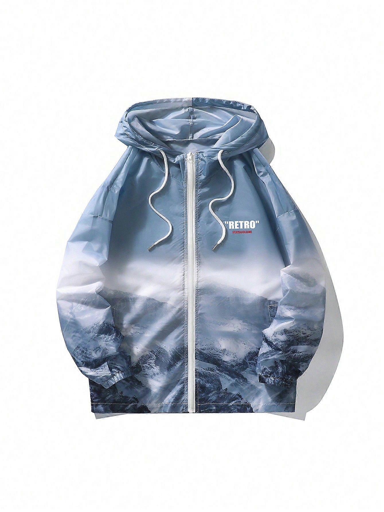 Men Letter Graphic Zip Up Drawstring Hooded Jacket