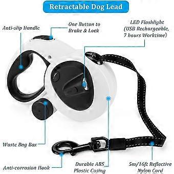 Udtrækkelig hundesnor 5m/16ft kraftig med LED-lys, afføringsposer, reflekterende nylon til mellemstore og store hunde