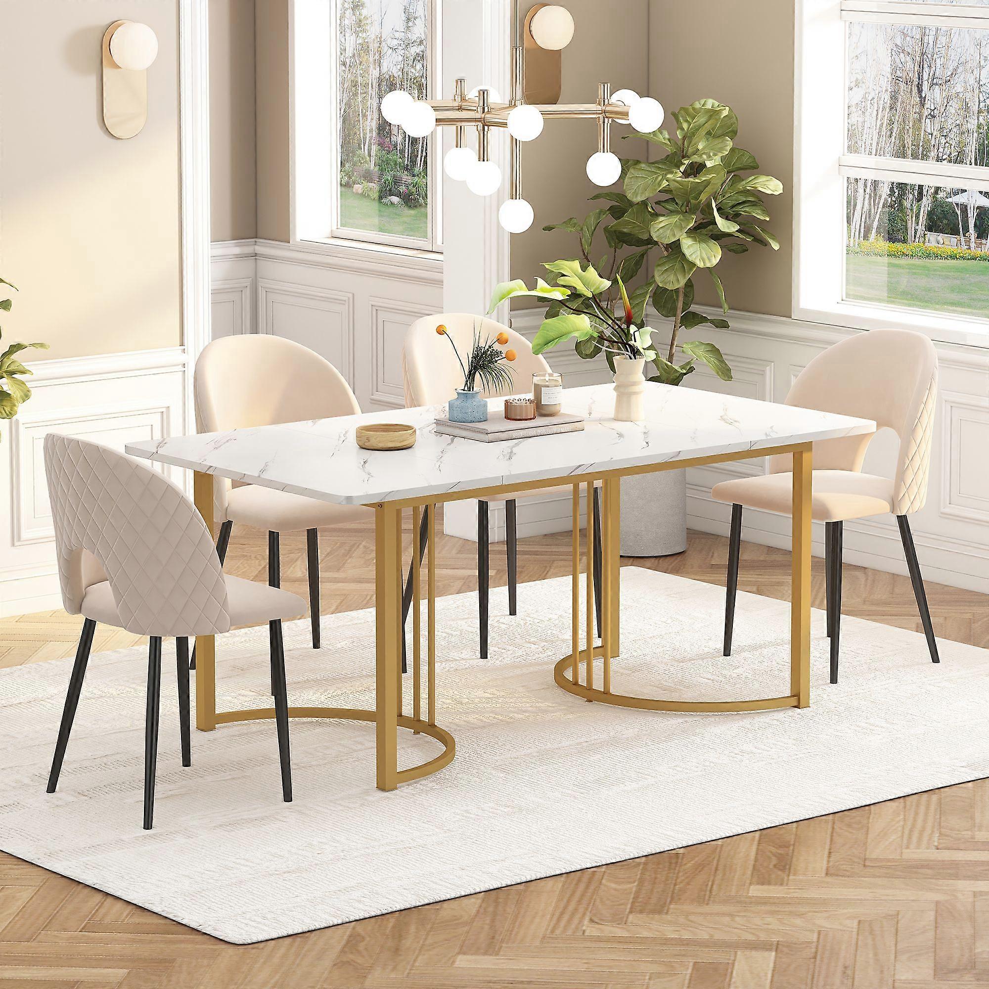 140 x 80cm dining table (1 piece), modern kitchen table, metal frame, rectangular dining table with modern marble pattern, kitchen table with adjustab