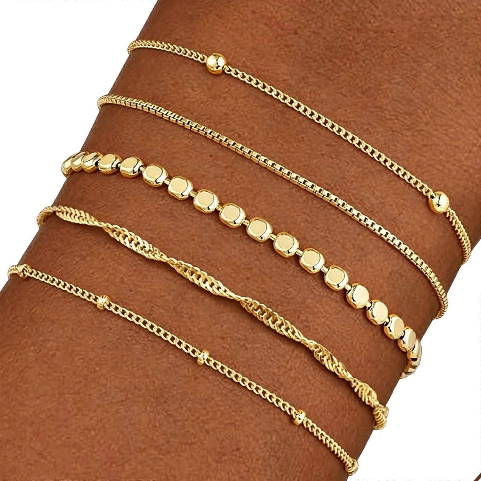 5 Piece Bracelet Stack with Adjustable Extension Chains, Distinct Geometric Links and Coordinated Metallic Styling  Spec E