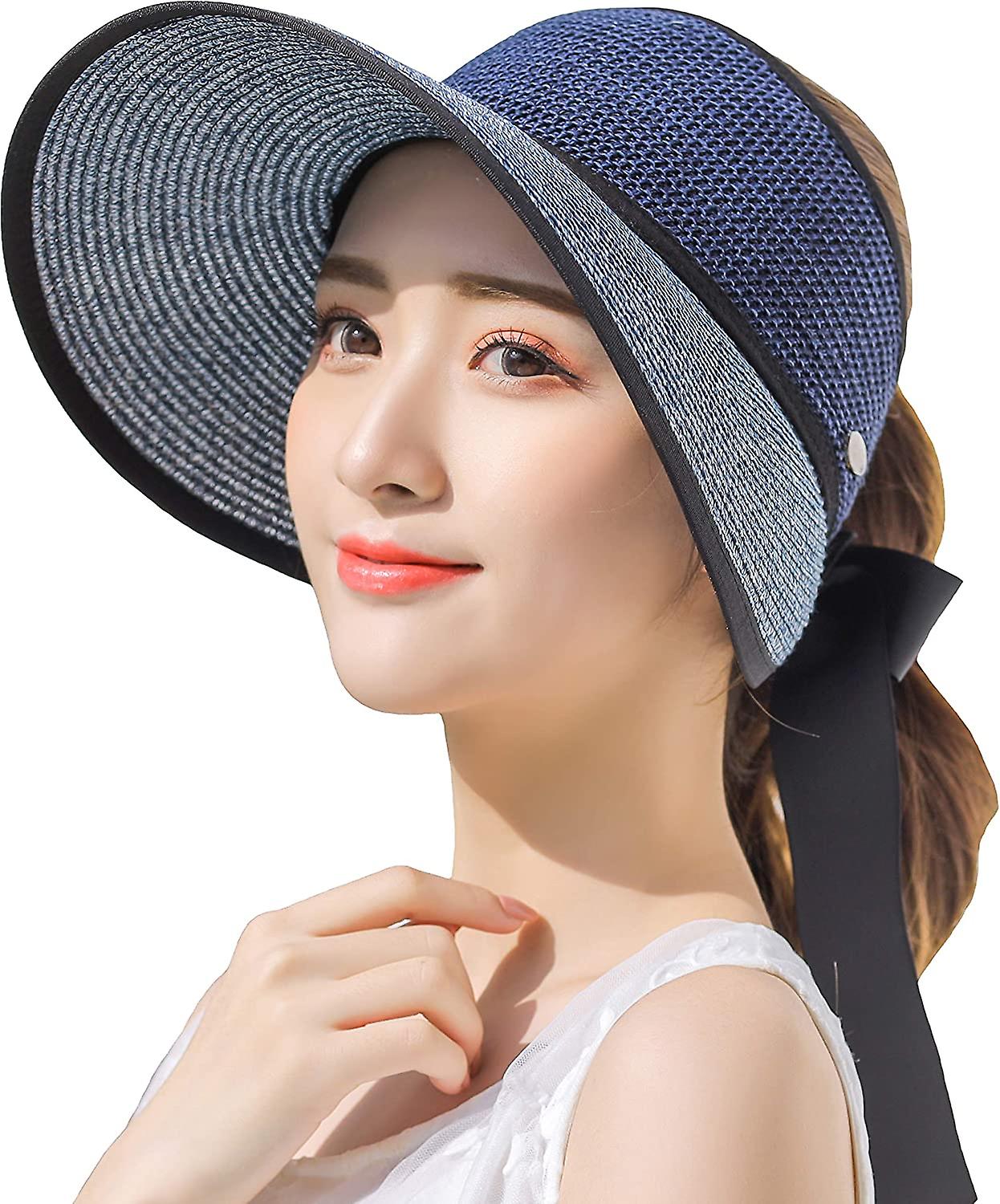 Womens Straw Sun Hat, Floppy Beach Hat Open Top Hat Foldable Wide Brim Hat Visor Cap