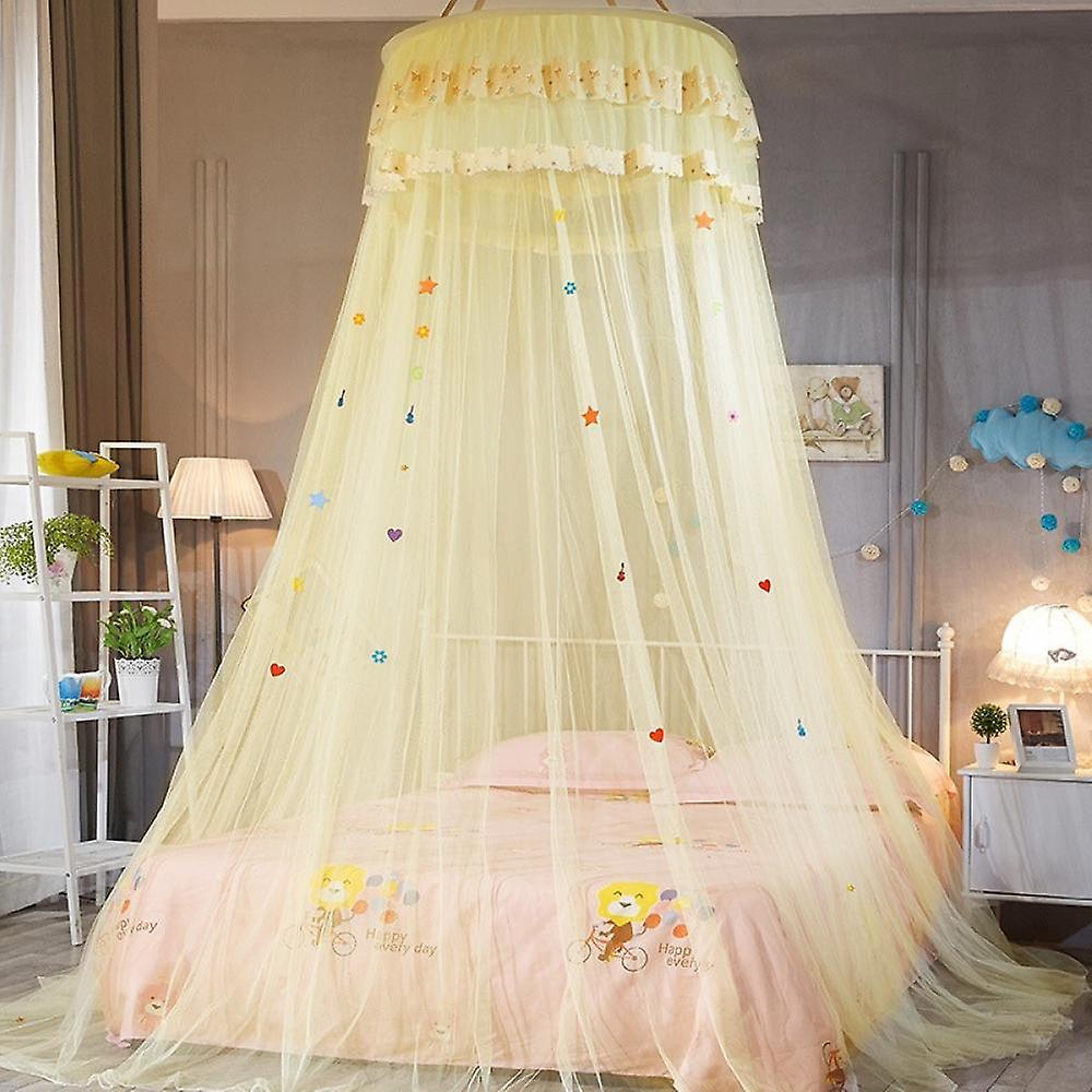 Luxurious Princess Garden Lace Bed Crown Net, Round Hoop Mosquito Net for Queen/King Size Bed (Yellow)