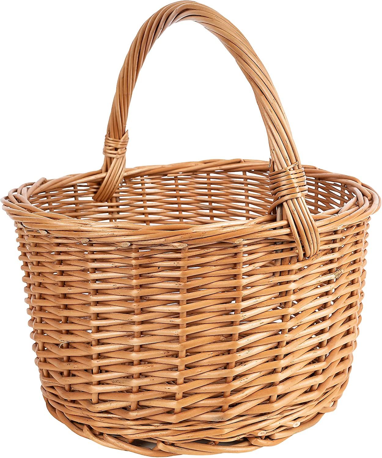 带把手柳条篮 |35x35x36 cm 大而轻 |手工编织礼品篮，水果篮 |自然棕褐色