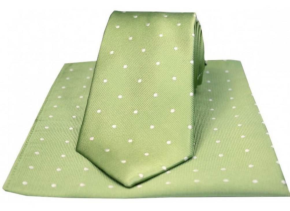 David Van Hagen Polka Dot Silk Tie and Pocket Square - Lime Green/White