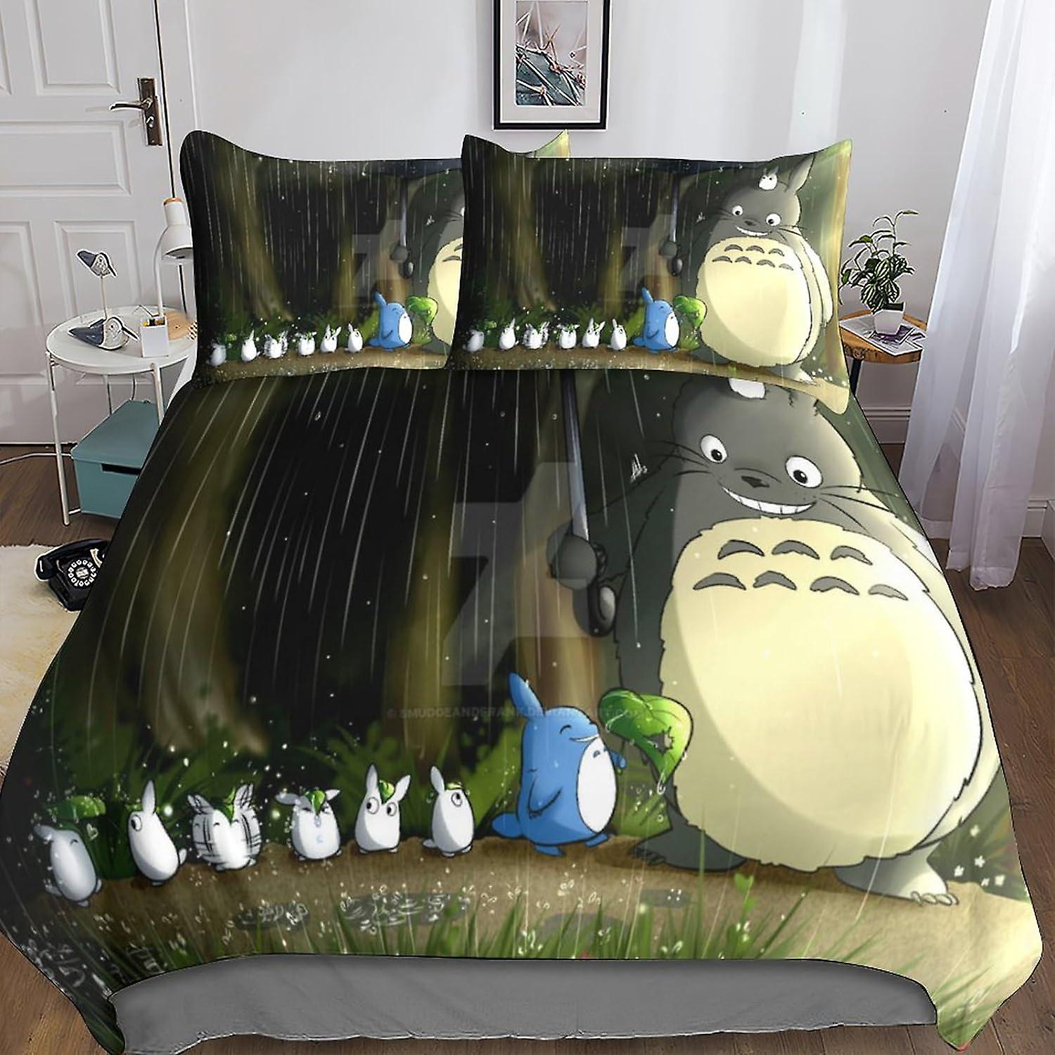 Totoro Quilt Cover Sängkläder - 3 delar Set med 3D-tryck Anime Påslakan, Täcke, Microfiber, Dold Dragkedja, Örngott, för B