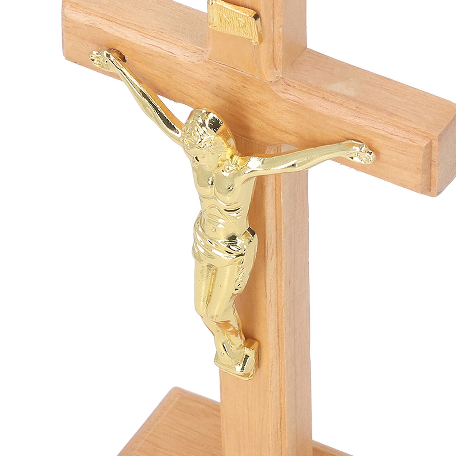 Crucifix Table Cross Hand Crafted Light Brown Durable Beech Metal Stable Base Standing Crucifix for Home Office Cathedral