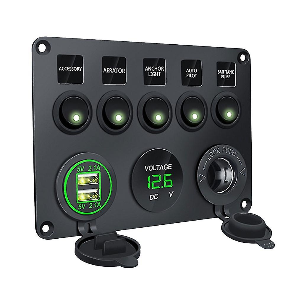 5 Gang 12V LED Light Switch Control Panel Camper Van Voltmeter 2 USB Charger Circuit Control LED On 