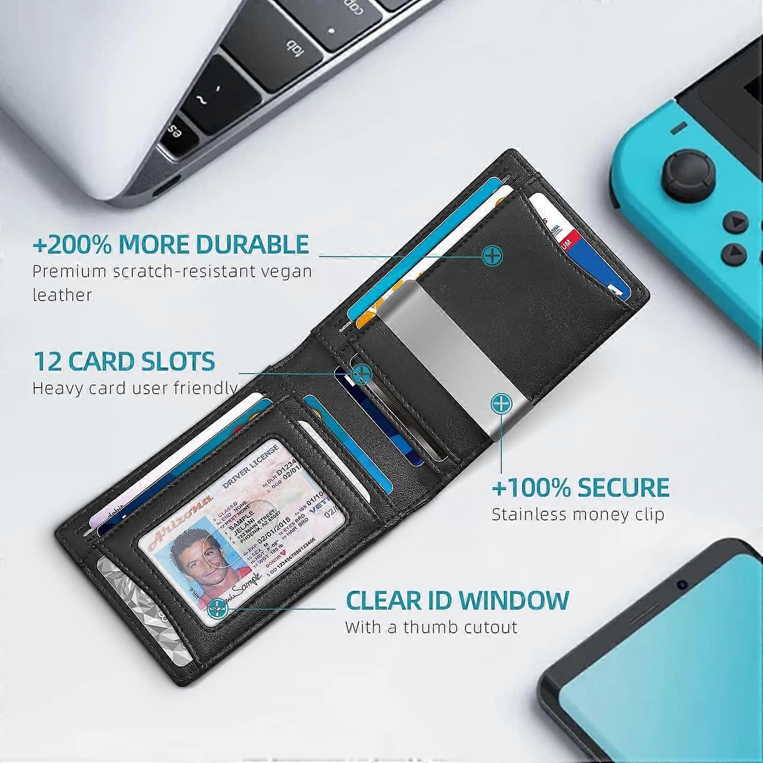 Slim wallet for men larger capacity 12 pockets RFID blocking wallet for men minimalist front pocket Bi fold leather ID window gift box