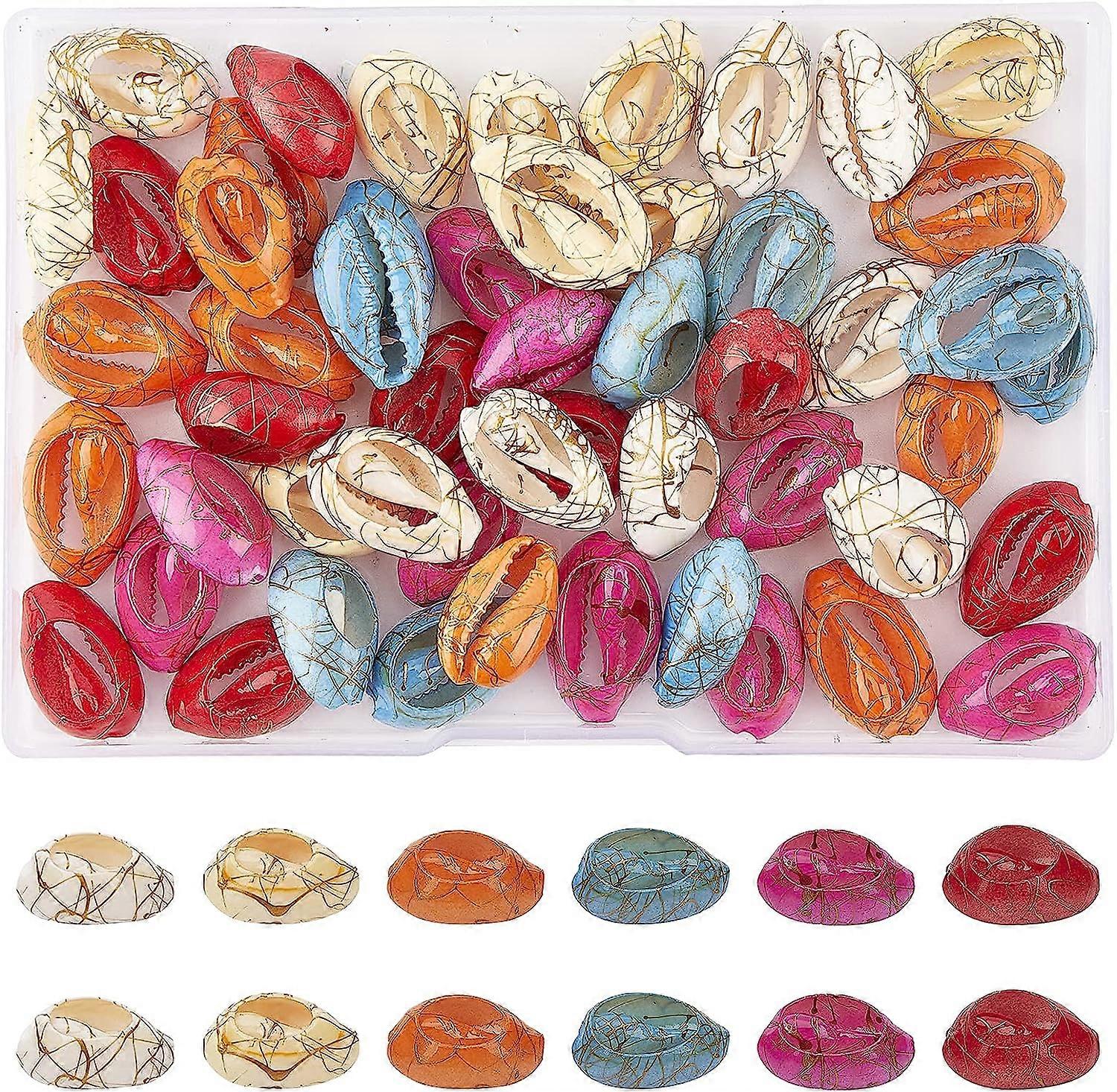 60PCS 6 Color Undrilled Cowrie Shell Beads Dyed and Drawbench Shells Charms Beads