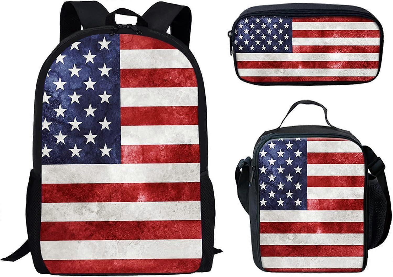 حقيبة ظهر مدرسية بطباعة العلم الأمريكي حقيبة ظهر للأطفال حقيبة مدرسية مجموعة من 3 ، حقيبة غداء وطنية حقيبة كتاب صندوق قلم رصاص
