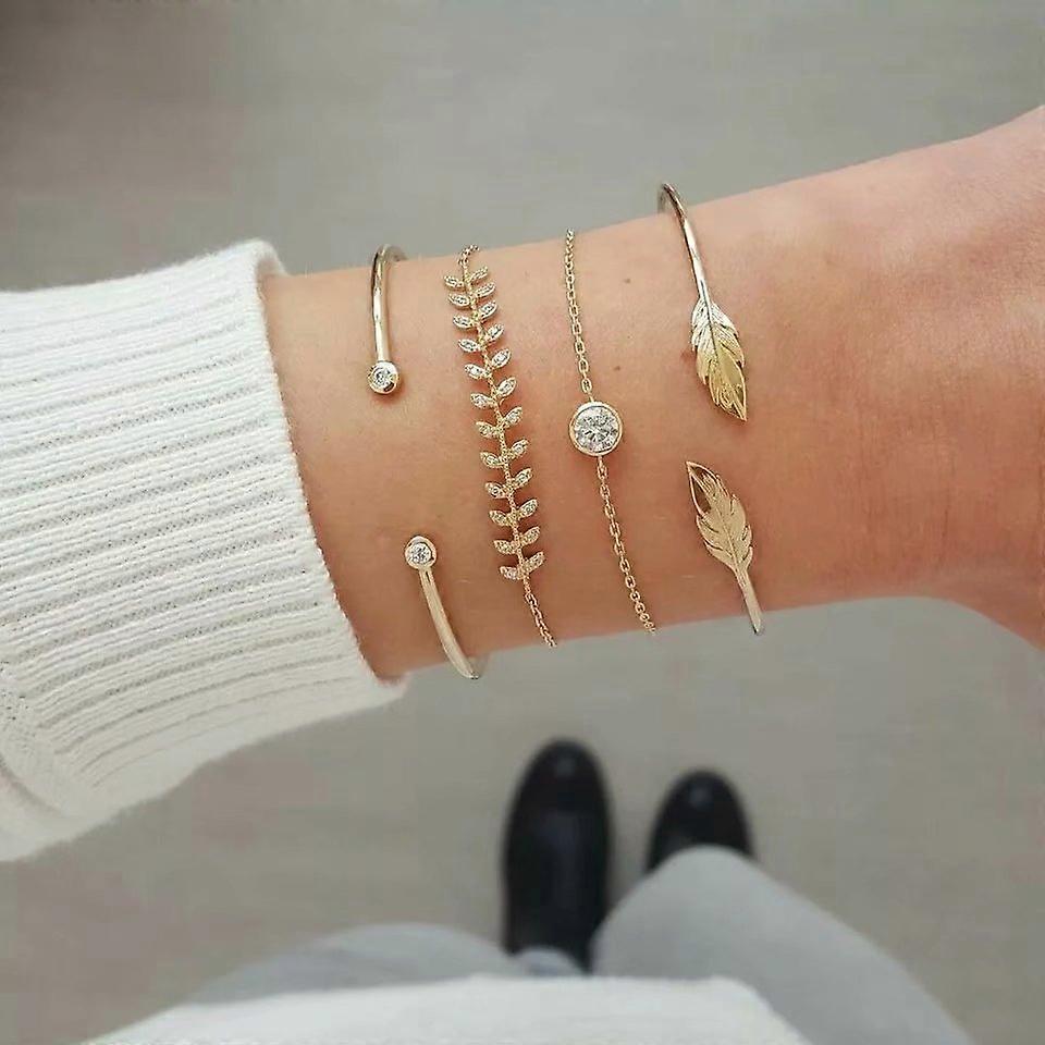 Set Of 4 Crystal Boho Bracelets With Gold Leaf Pattern