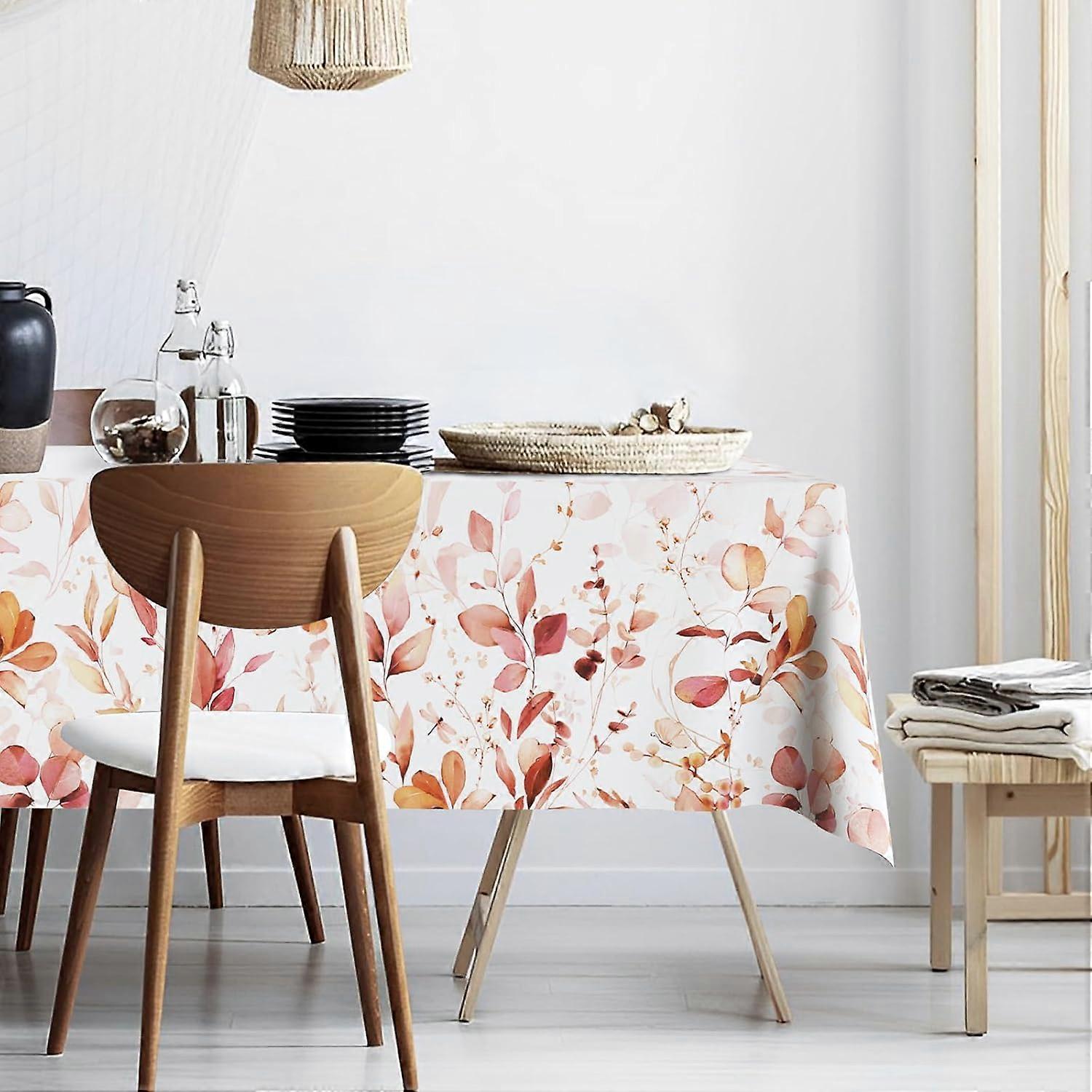 Orange Eucalyptus Leaves Tablecloth Waterproof Fabric,Rectangle Watercolor Oil-proof Wrinkle Resistant Table Cover for Dining Table, Buffet Parties an