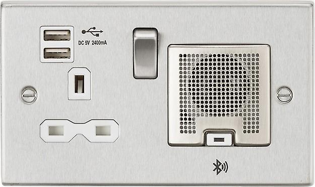 Knightsbridge 13A Socket, USB chargers (2.4A), & Bluetooth Speaker - Square Edge Brushed Chrome with white insert - CS9905BCW