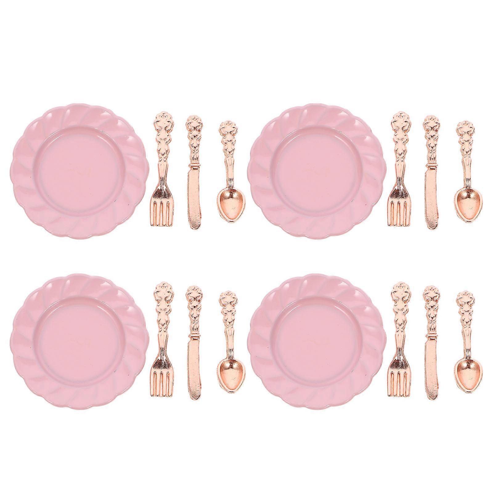4 Sets Dollhouse Mini Plate Dish Tableware Dollhouse Mini Plate Spoon Fork Knives
